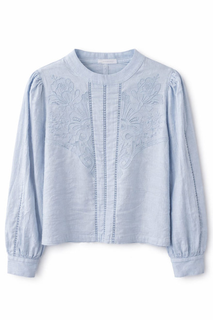 LIGHT BLUE LINEN FLOWER EMBROIDERED SHIRT