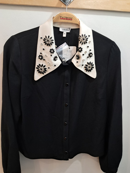 BLACK CREPE BLOUSE WITH WHITE COLLAR