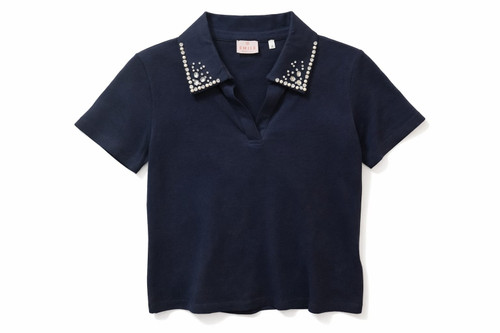 NAVY T-SHIRT WITH STONES ON COLLAR
