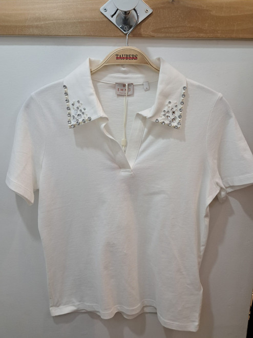 IVORY T-SHIRT WITH STONES ON COLLAR