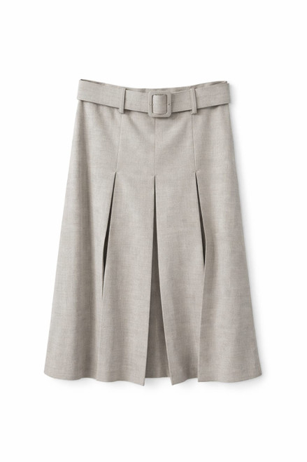 BEIGE MELANGE PLEATED SKIRT WITH BELT