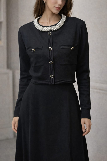 BLACK CARDIGAN WITH PEARLS NECKLINE