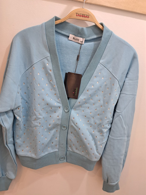LIGHT BLUE BEADED FRONT SWEAT CARDIGAN