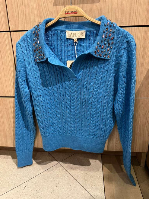 BLUE CABLE KNIT PULLOVER BEADED COLLAR