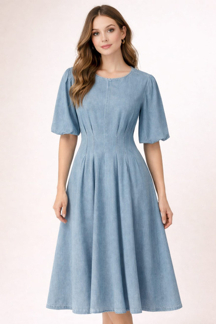 BLUE WAISTED DRESS WITH PUFF SLEEVES