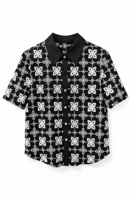 BLACK COTTON BLOUSE WITH IVORY EMBROIDERY