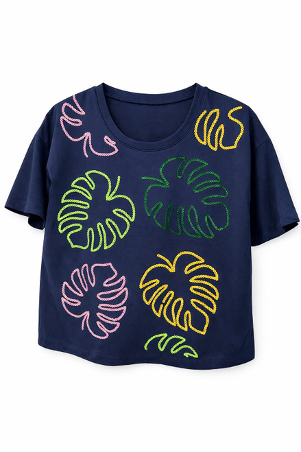 NAVY T-SHIRT WITH COLORFUL SEQUIN LEAVES