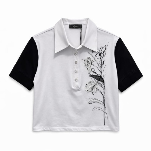 WHITE TOP WITH BLACK FLORAL DESIGN