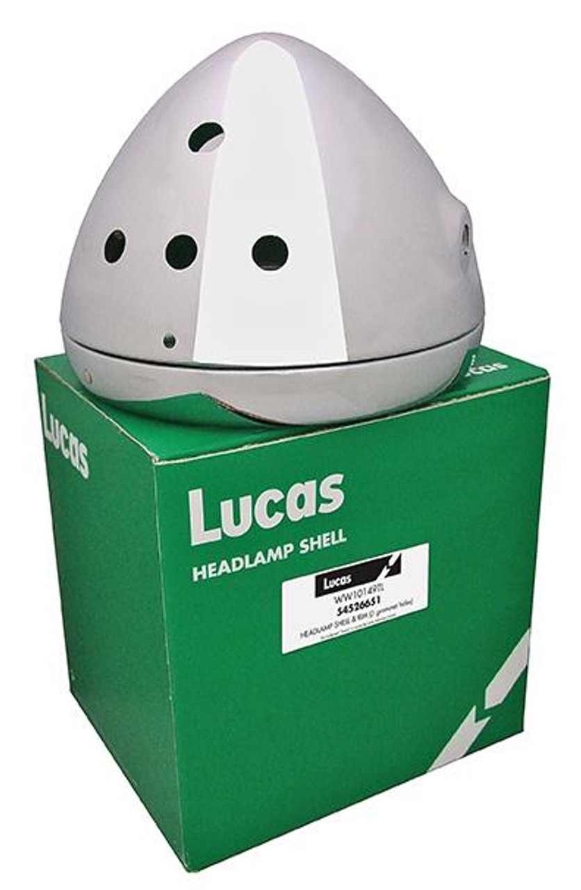 Genuine Lucas 7" Headlamp Shell Chrome. Aperture for 3 warning lights & 1 switch