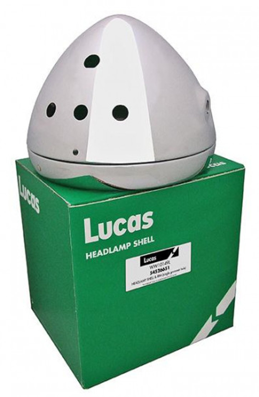 Genuine Lucas 7" Headlamp Shell Chrome. Apertures for 3 Warning Lights, 1 Switch & 1 Grommet Hole