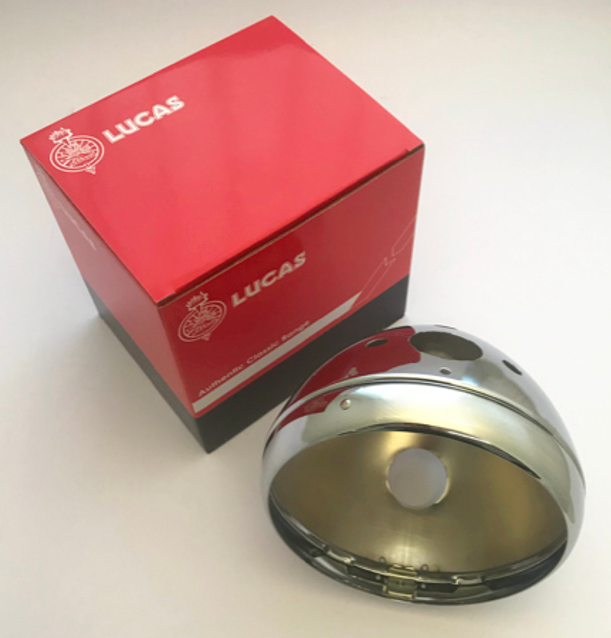 Genuine Lucas 7" Chrome H/Lamp Shell. Aperture for 2 warning lights, switch & ammeter (54523508)