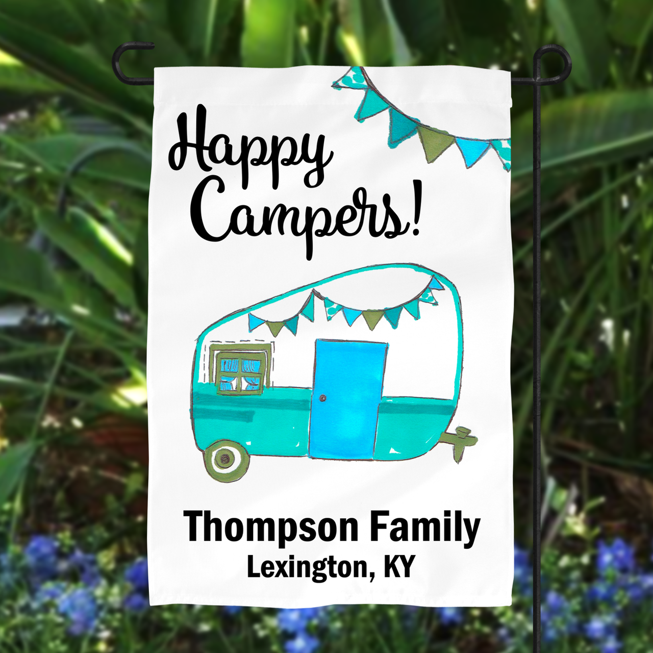 Happy Campers Personalized Watercolor Camper Design Garden Flag