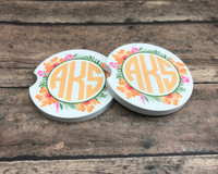 Flower Border Monogram Sandstone Car Coasters (Set of 2) Flower Border Monogram Sandstone Car Coasters (Set of 2)