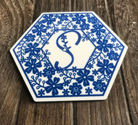 Custom Color Flower Monogram Hexagon Coaster Gift Set Custom Color Flower Monogram Hexagon Coaster Gift Set