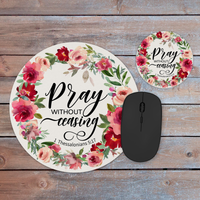 Pray Without Ceasing Floral Wreath Mousepad & Coaster Gift Desk Set
