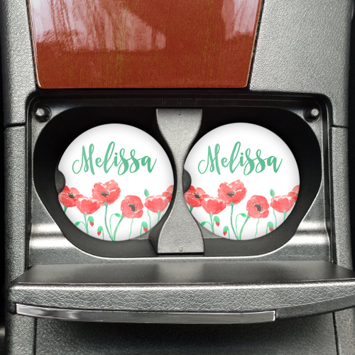 Red Poppies Sandstone Car Coasters 