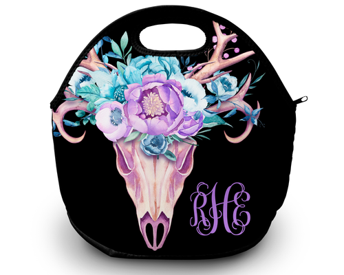 Boho Skull & Flowers Monogram Lunch Tote - Solid Background