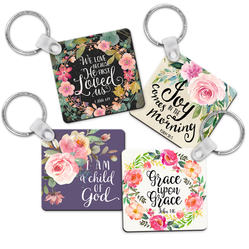 Square Keychain with Floral Scripture Design