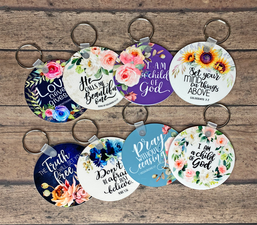 Round Key Chains with Floral Scripture Design
