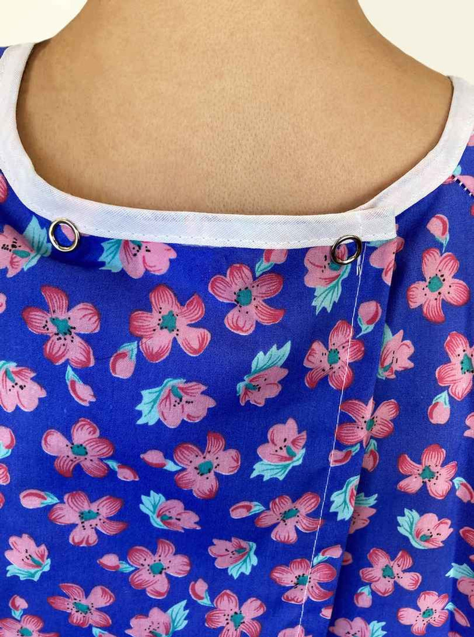 Closeup of Two Snaps on Purple Floral Ladies Hospital Gown
