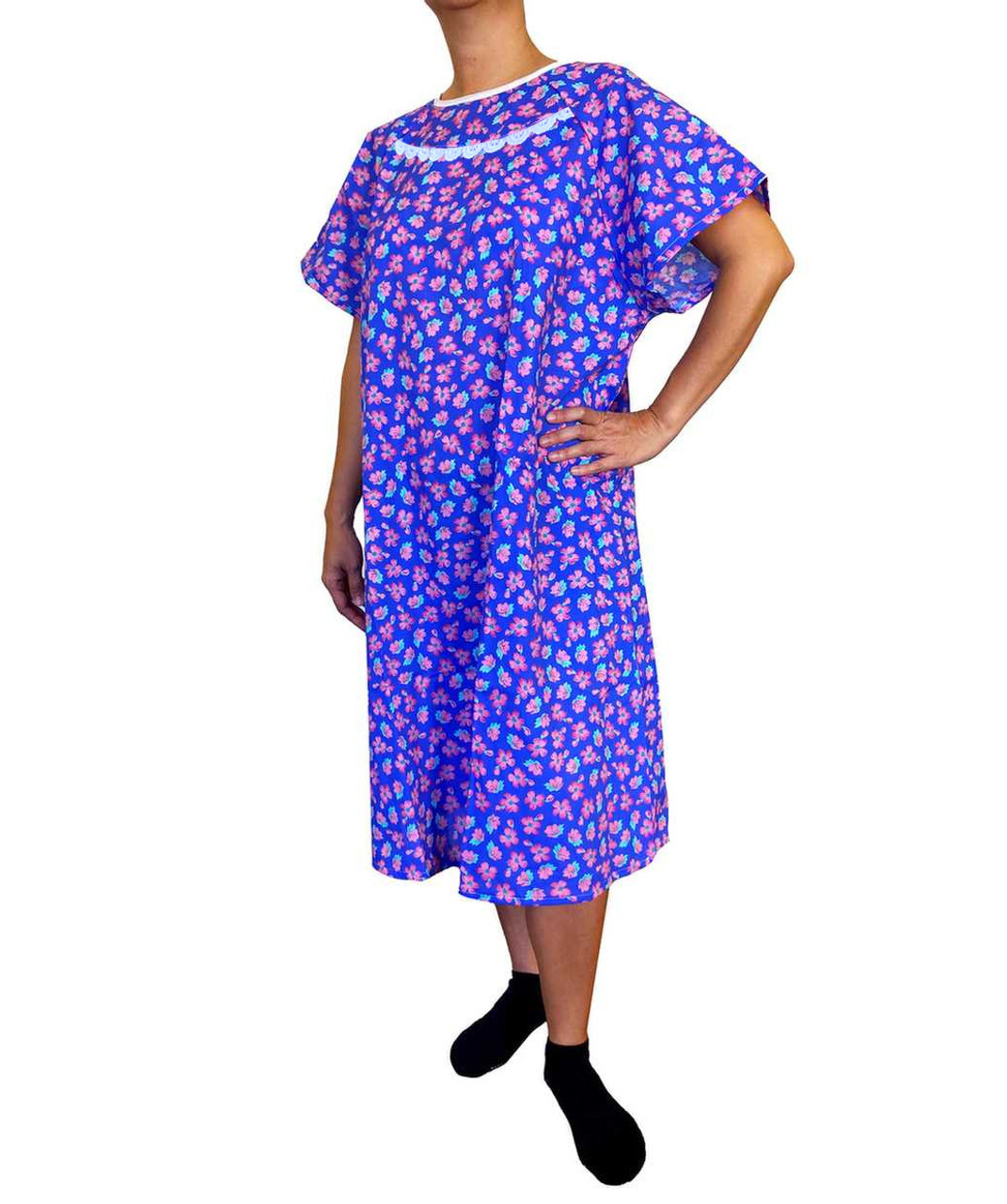 Front View of Purple Floral Ladies Hospital Gown
