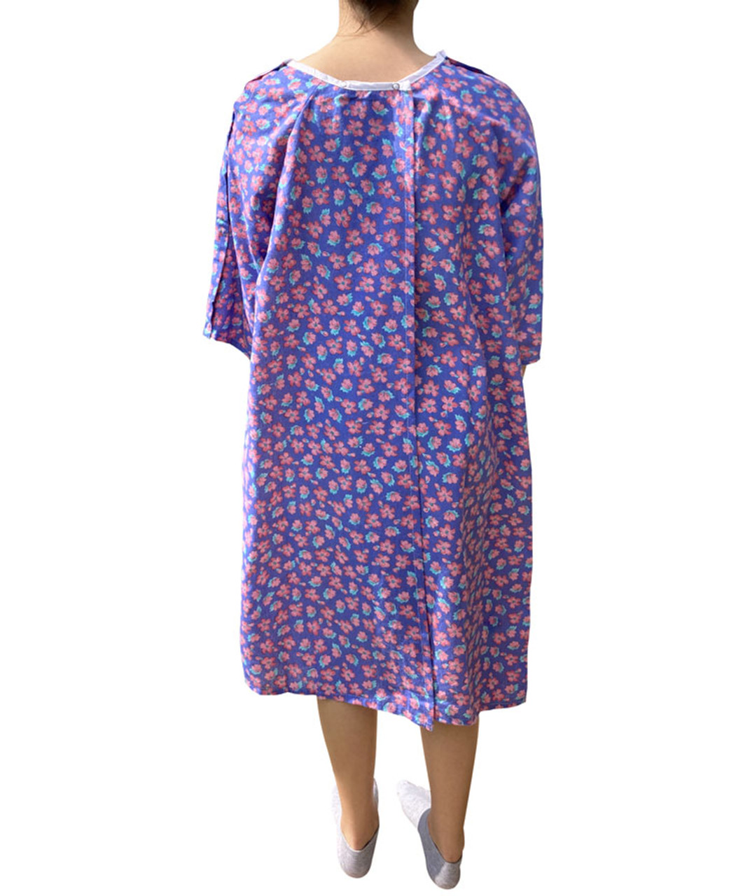 Purple 100% Cotton Women's Patient Gown with Shoulder Snaps and IV Pocket Back View