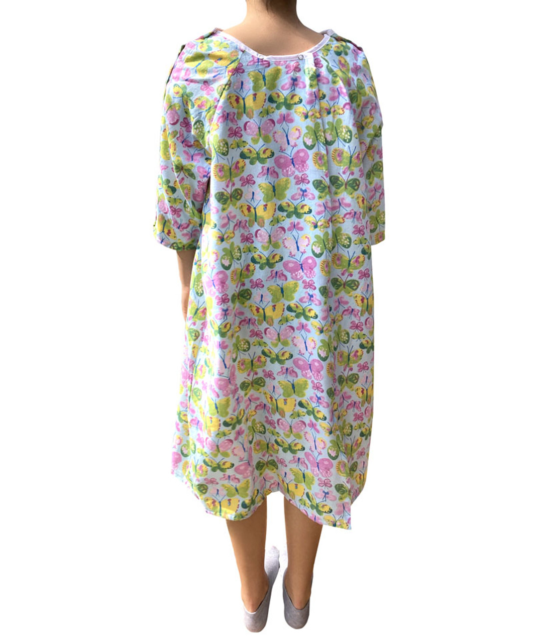 Butterfly Design 100% Cotton Women's Patient Gown with Shoulder Snaps and IV Pocket Back View
