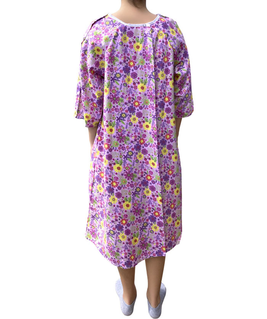 Pink 100% Cotton Women's Patient Gown with Shoulder Snaps and IV Pocket Back View