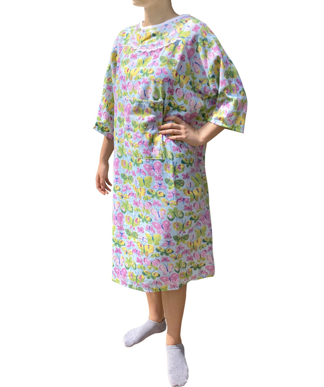 Butterfly Design 100% Cotton Women's Patient Gown with Shoulder Snaps and IV Pocket Front View