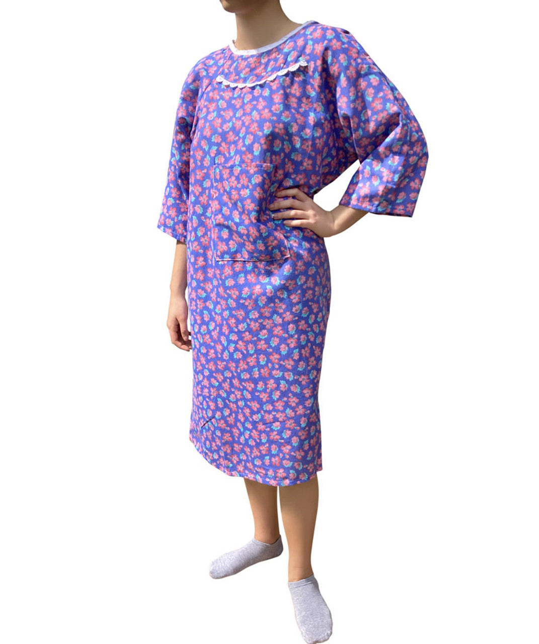 Purple 100% Cotton Women's Patient Gown with Shoulder Snaps and IV Pocket Front View