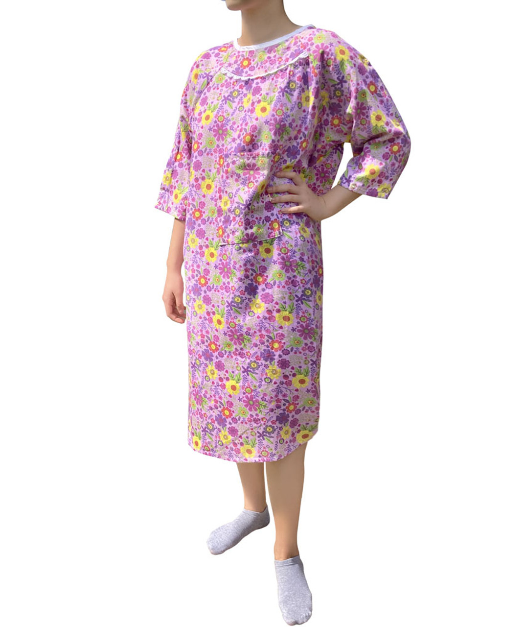 Pink 100% Cotton Women's Patient Gown with Shoulder Snaps and IV Pocket Front View