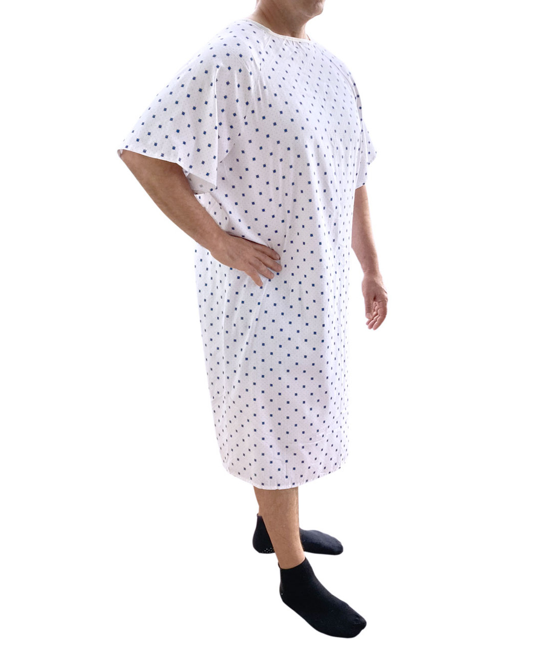 100712 Twill White Hospital Gown Unisex Front View on Male Model 5 Foot 10