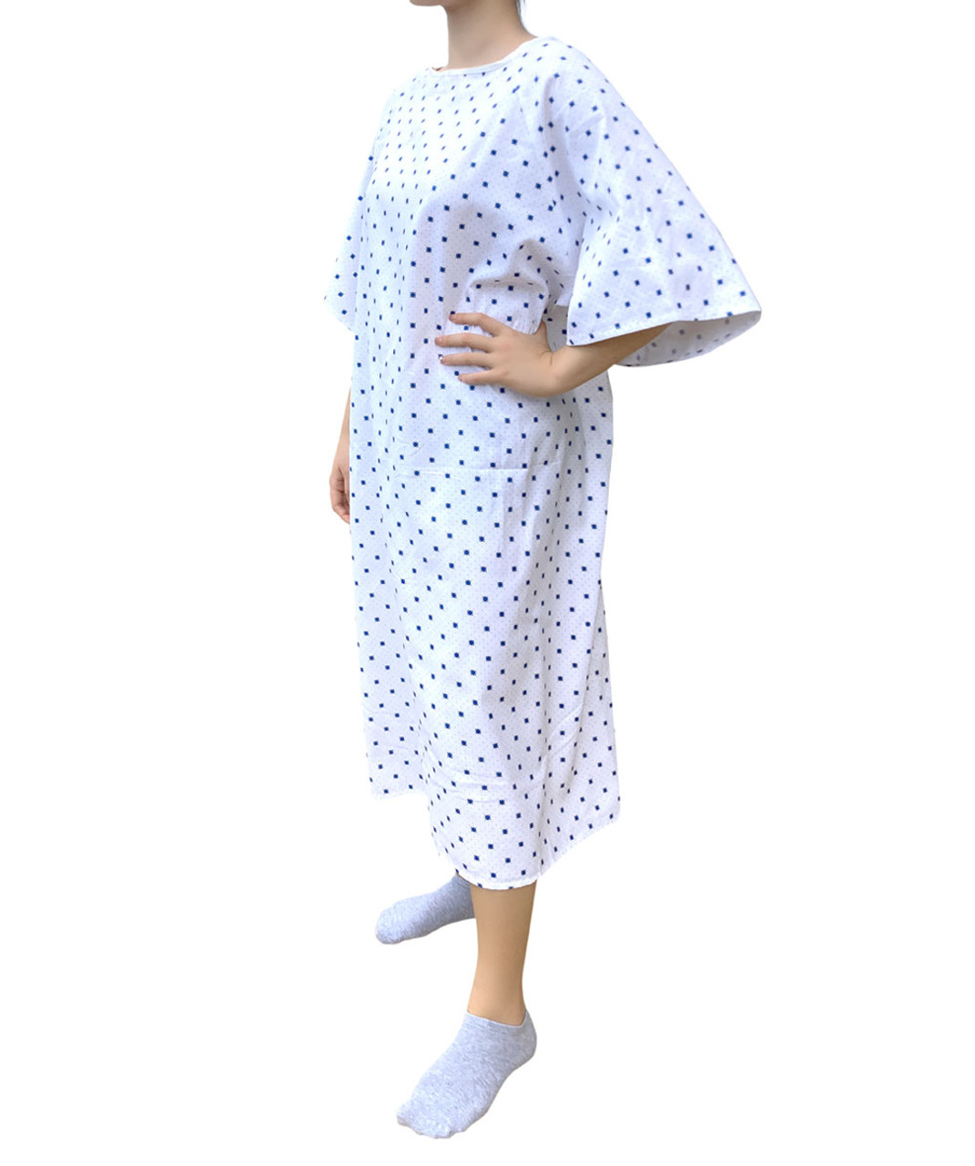 100712 Twill White Hospital Gown Unisex on Female Model 5 foot 5