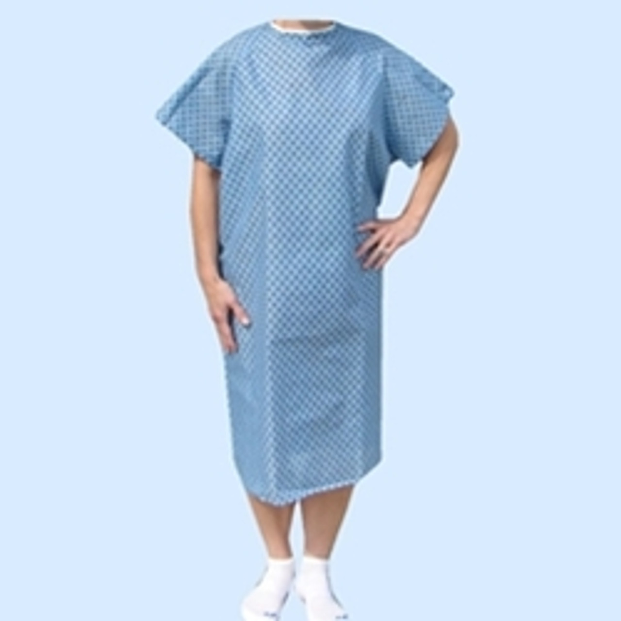 Economy Straight Tie Back Hospital Gown Blue with Snowflake Pattern Front View