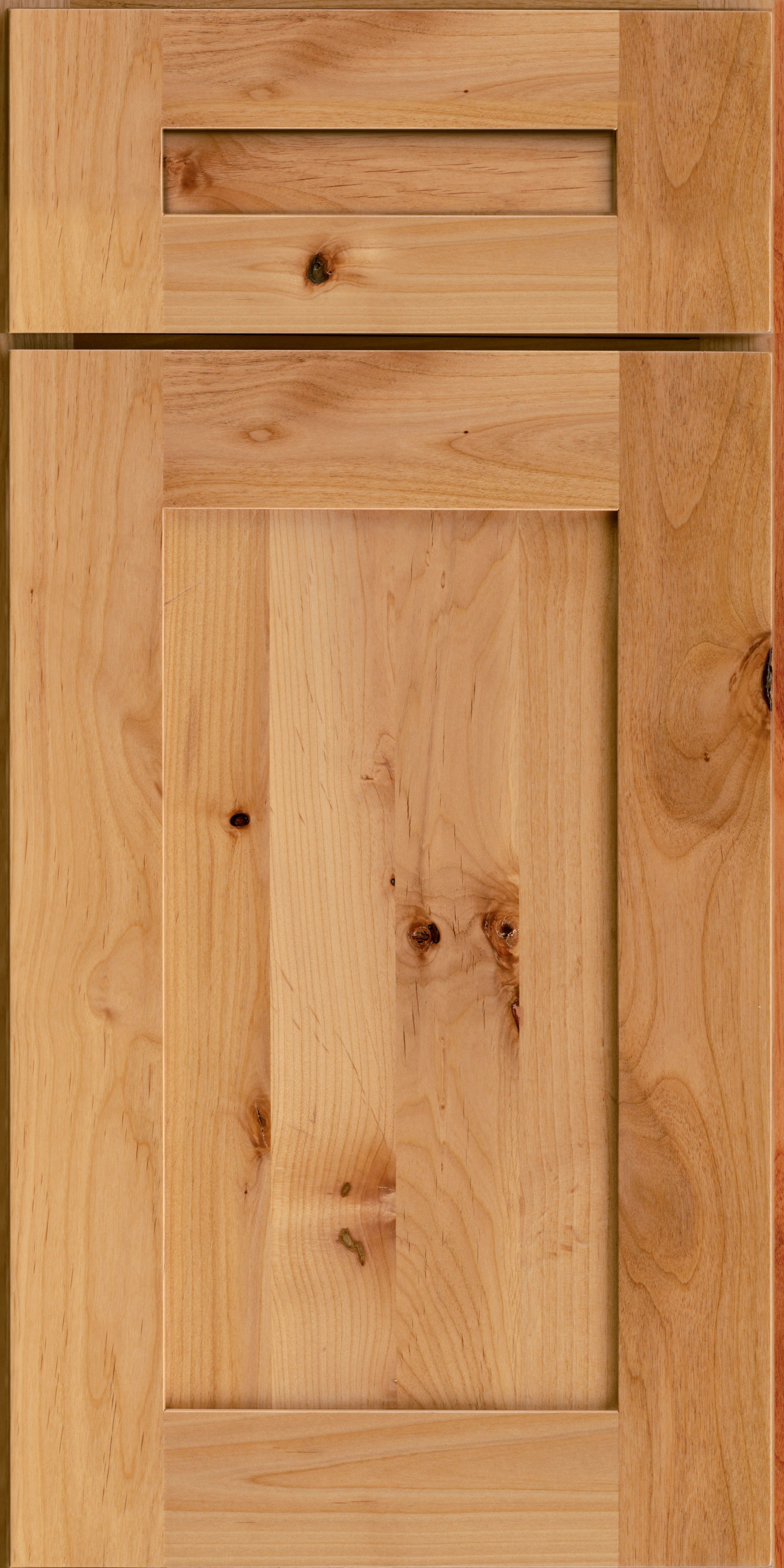 KraftMaid Shaker-style cabinet door in Natural finish showing knotty woodgrain appearance of Rustic Alder species