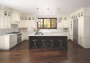 Transitional kitchen featuring warm white on maple and Riverbed on Maple