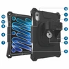 Feature diagram of the aXtion Bold MP rugged case for iPad mini, displaying numbered callouts pointing to key technical specifications on the front and back of the case, such as the built-in screen protector, MagConnect mounting port, rotating hand strap, and reinforced drop-proof corners.