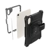 Exploded view of the aXtion Bold MP rugged case for iPad mini, showcasing its multi-layer construction including the front frame with built-in screen protector, an Apple Pencil, a white iPad mini, and the heavy-duty rear silicone bumper with the integrated hand strap module.