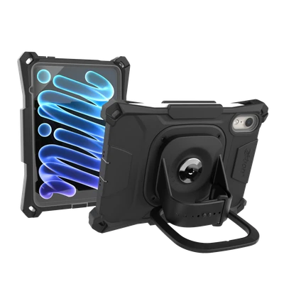Front and rear views of the black aXtion Bold MP rugged case for iPad mini, with the rear view displaying the integrated multi-angle kickstand fully extended.