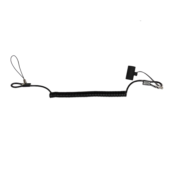 Black coiled stylus tether showing the device attachment string and rubber pen holder cap