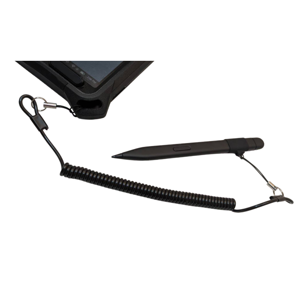 Black coiled stylus tether securing a black digital pen to a rugged tablet case