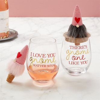 Cute Valentines Gnome Wine Glasses & Cork by Mud Pie