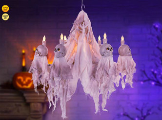 Spooky Lit Skull Chandelier for Halloween, 26.5 in