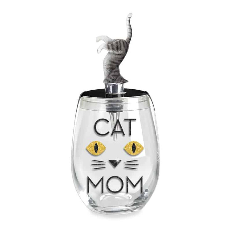 Cat Mom Stemless Wine Glass & Stopper