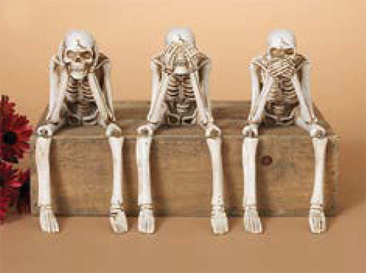 Hear, See & Speak No Evil Sitting Skeleton Displays, 8in Resin