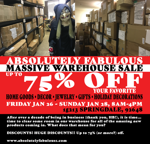 HUGE SALE! LESS THAN WHOLESALE!! Friday, January 26 - Sunday, January 28, 2018. 8AM-4PM