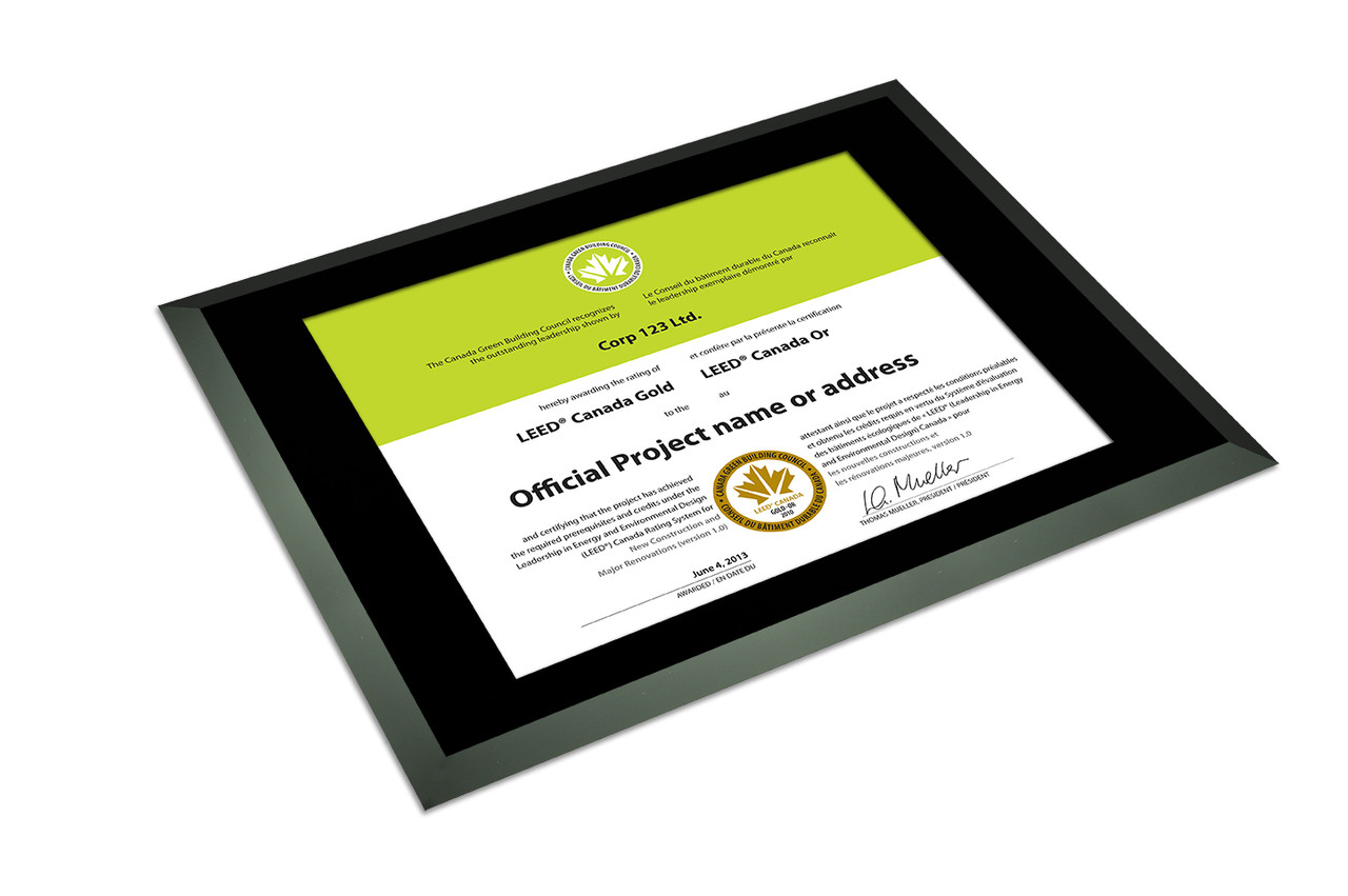 Black Glass Certificate Frame for LEED Certification