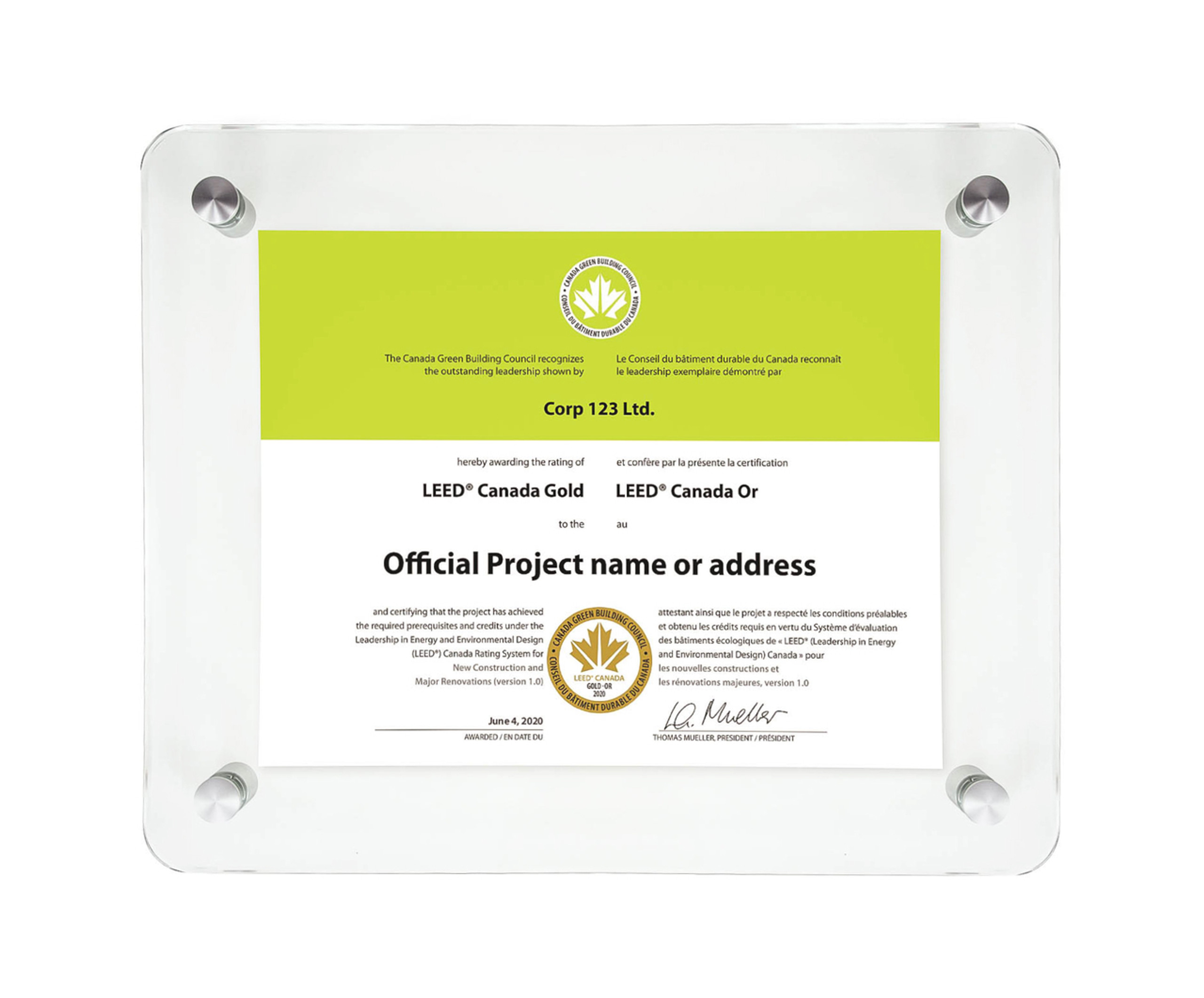 LEED Certificate Display Frames Canada CaGBC