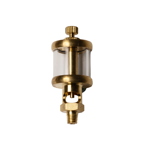 Drip Feed Oiler. machined from brass with a 5/8" diameter glass reservoir.