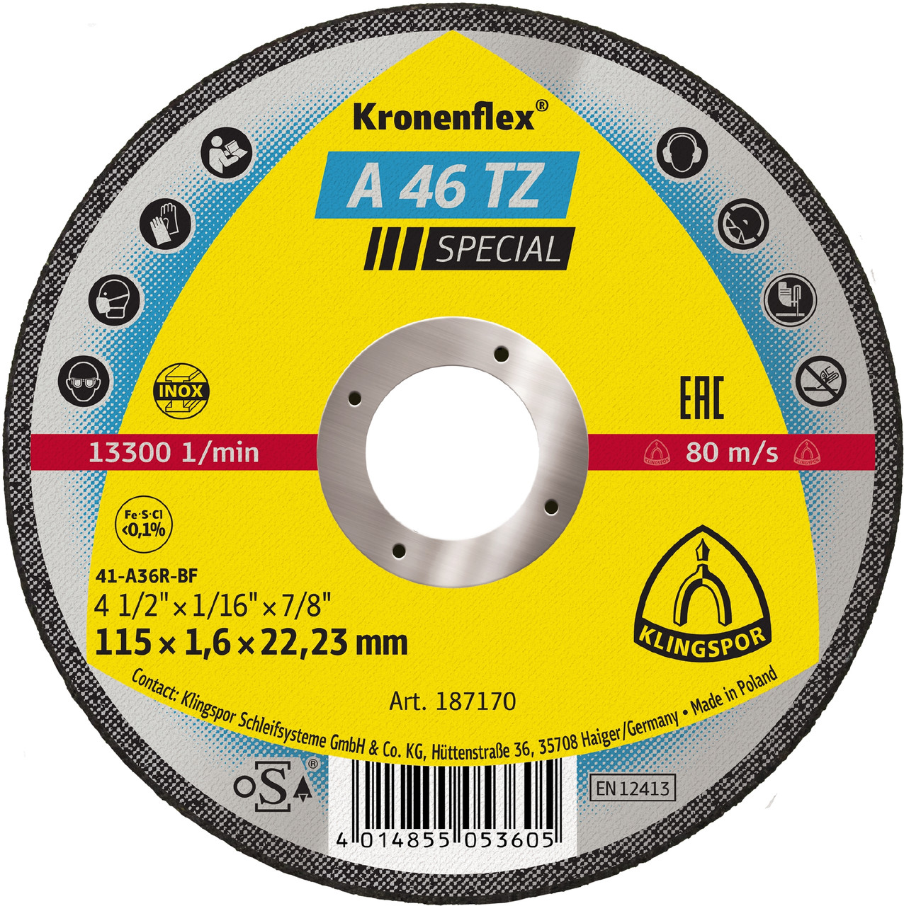 Cutting Off Wheel - (A46Tz) Special/Flat/13300Rpm/Inox Hard 115X1.6X22Mm